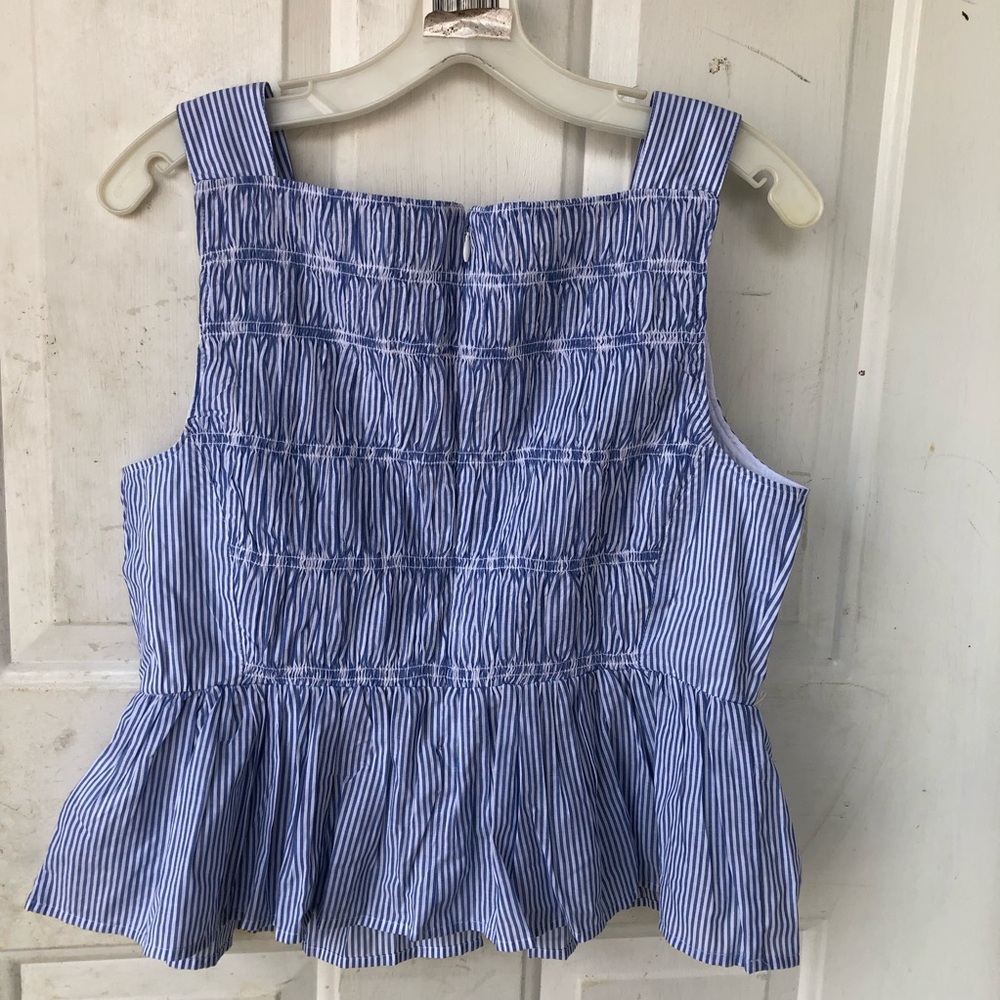 NWT J. Crew Top Womens 10 Striped Smocked Banker Blue Sleeveless 100% Cotton - Picture 8 of 11